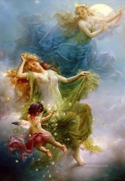 niñas y ángel en el cielo nocturno Hans Zatzka hermosa mujer dama Pinturas al óleo